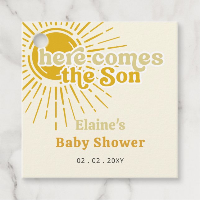 Here comes the son boho retro baby shower  geschenkanhänger (Vorderseite)
