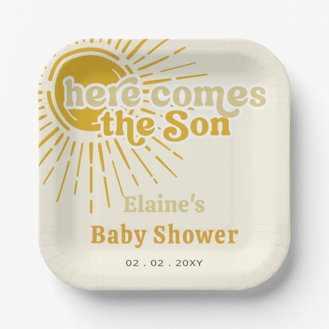 Here comes the son boho retro baby shower  pappteller (Vorderseite)