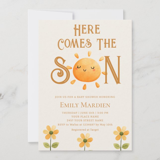 Here Comes The Son Floral Sunshine Baby Shower  Einladung (Vorderseite)