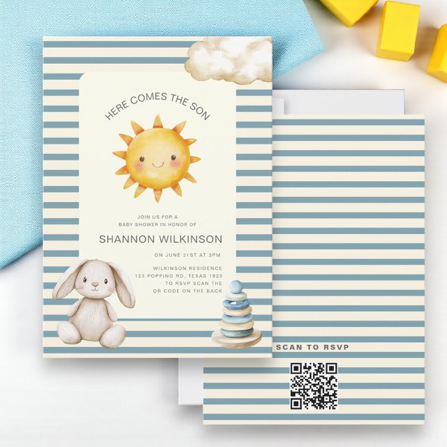 Here comes the son QR code stripes baby shower Einladung (Von Creator hochgeladen)