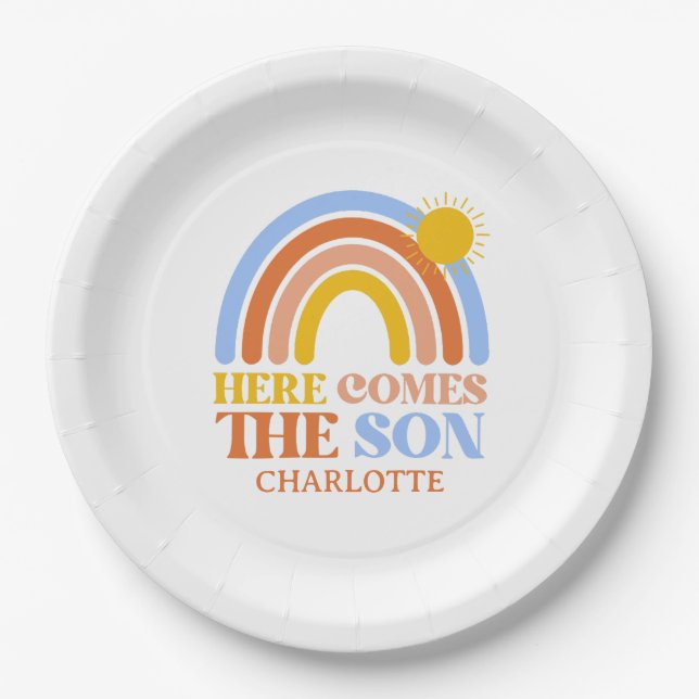 Here Comes The Son Rainbow Boy Baby Shower Pappteller (Vorderseite)
