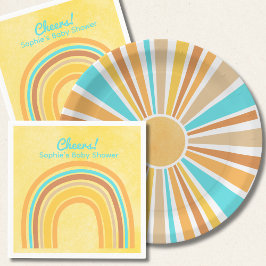Here Comes The Son, Retro Boho Rainbow Round Pappteller