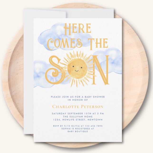 Here Comes The Son Sun Clouds Baby Shower Einladung (Von Creator hochgeladen)