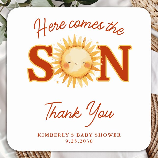 Here Comes The Son Sunshine Boho Cute Baby Shower Quadratischer Aufkleber (Von Creator hochgeladen)