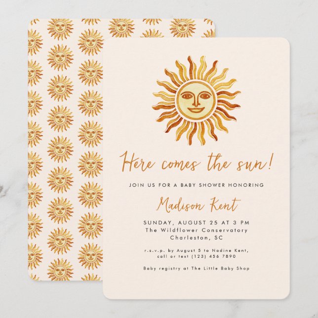 Here Comes the Sun Modern Boho Sun Baby Shower Einladung (Vorne/Hinten)
