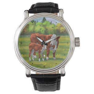 Hereford Cow & Niedlich Calf im Sommer Weide Armbanduhr
