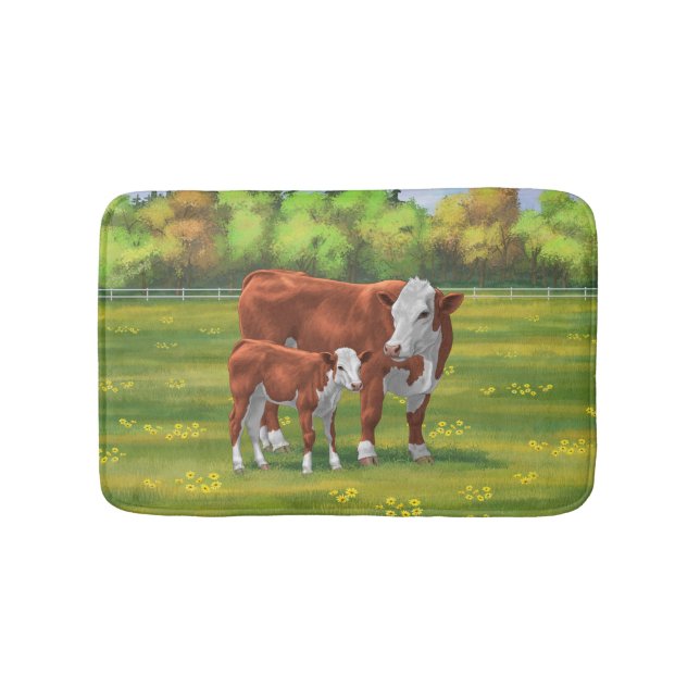 Hereford Cow & Niedlich Calf im Sommer Weide Badematte (Vorderseite)