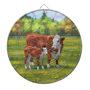 Hereford Cow & Niedlich Calf im Sommer Weide Dartscheibe
