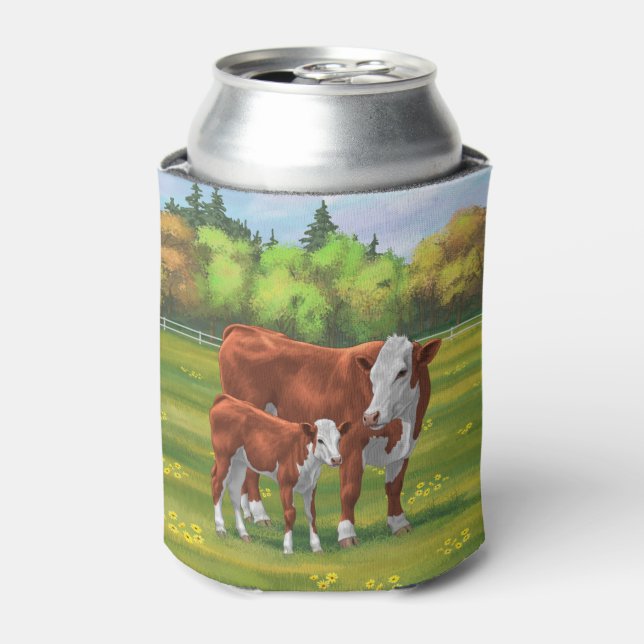 Hereford Cow & Niedlich Calf im Sommer Weide Dosenkühler (Kanne Vorderseite)