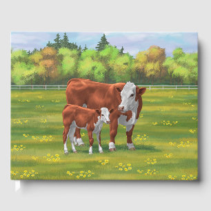 Hereford Cow & Niedlich Calf im Sommer Weide Gästebuch