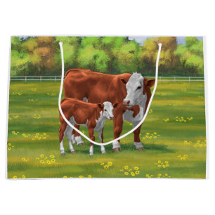 Hereford Cow & Niedlich Calf im Sommer Weide Große Geschenktüte