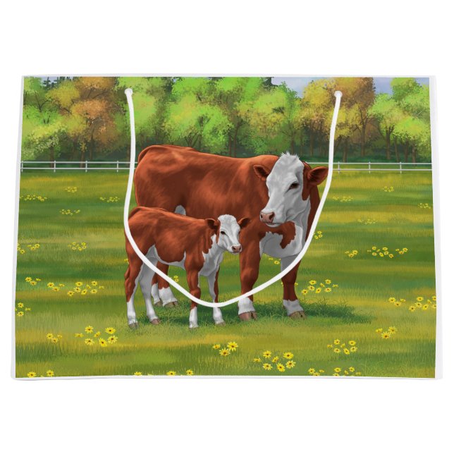 Hereford Cow & Niedlich Calf im Sommer Weide Große Geschenktüte (Vorderseite)