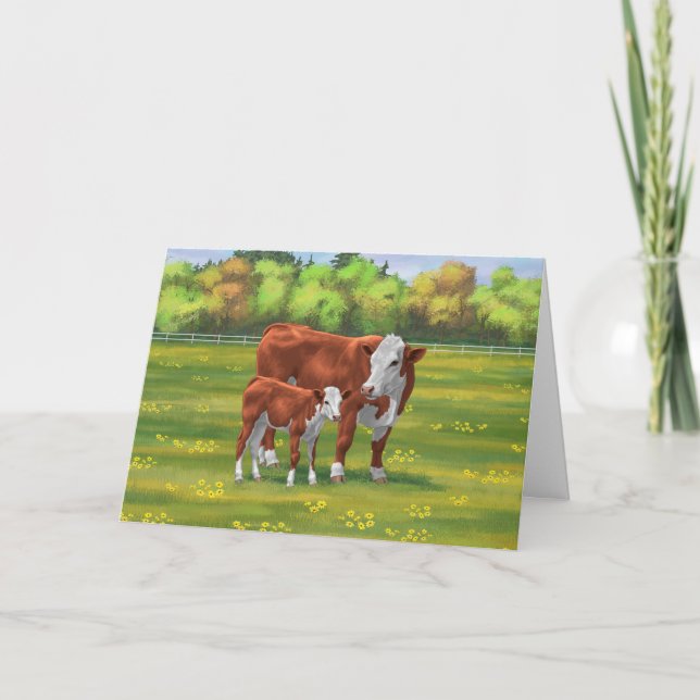 Hereford Cow & Niedlich Calf im Sommer Weide Karte (Vorderseite)