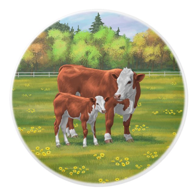 Hereford Cow & Niedlich Calf im Sommer Weide Keramikknauf (Vorderseite)
