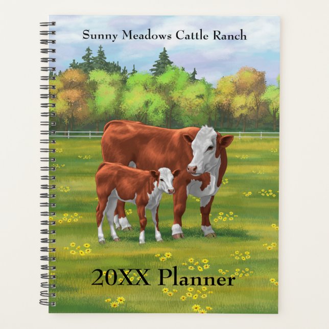 Hereford Cow & Niedlich Calf im Sommer Weide Planer (Vorderseite)