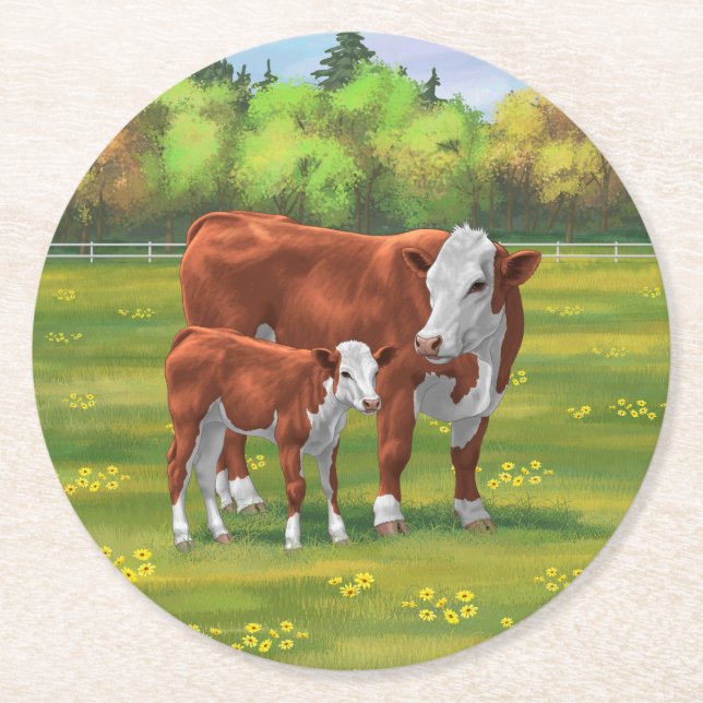 Hereford Cow & Niedlich Calf im Sommer Weide Runder Pappuntersetzer (Vorderseite)