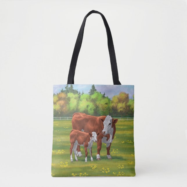 Hereford Cow & Niedlich Calf im Sommer Weide Tasche (Vorderseite)