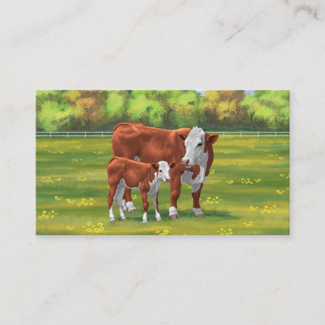 Hereford Cow & Niedlich Calf im Sommer Weide Visitenkarte (Vorderseite)