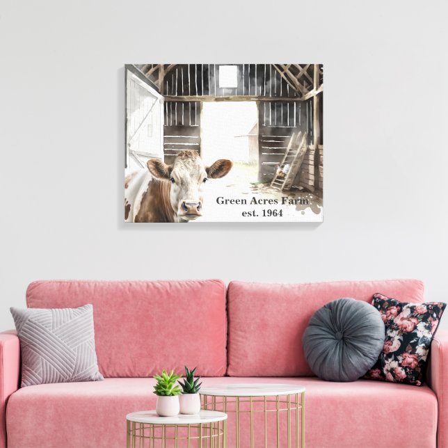 Hereford Cow und Rooster in Barn Leinwanddruck (Insitu (Wohnzimmer))