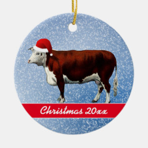 Hereford Cow und Weihnachtsmannmütze Keramik Orna Ornament