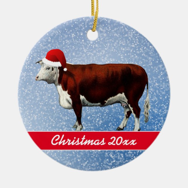 Hereford Cow und Weihnachtsmannmütze Keramik Ornam Ornament (Vorne)