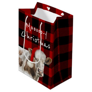 Hereford Kuh mit Santa Cap auf Kariert Mittlere Geschenktüte