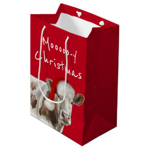 Hereford Kuh mit Santa Cap auf Red Mittlere Geschenktüte