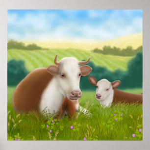 Hereford Kuh und ihr Kalb-Plakat Poster