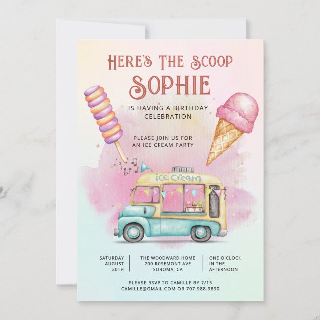 Here's The Scoop Colorful Kid's Ice Cream Birthday Einladung (Vorderseite)