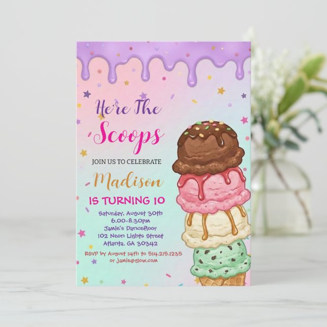 Here's the Scoop Girls Ice Cream Birthday Einladung (Stehend Vorderseite)