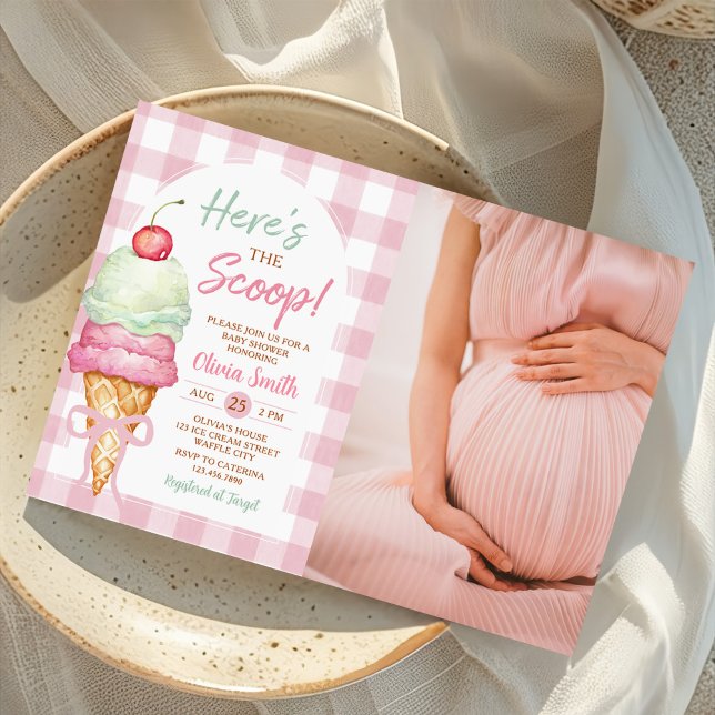Here's The Scoop Ice Cream Bow Baby Shower Photo Einladung (Von Creator hochgeladen)