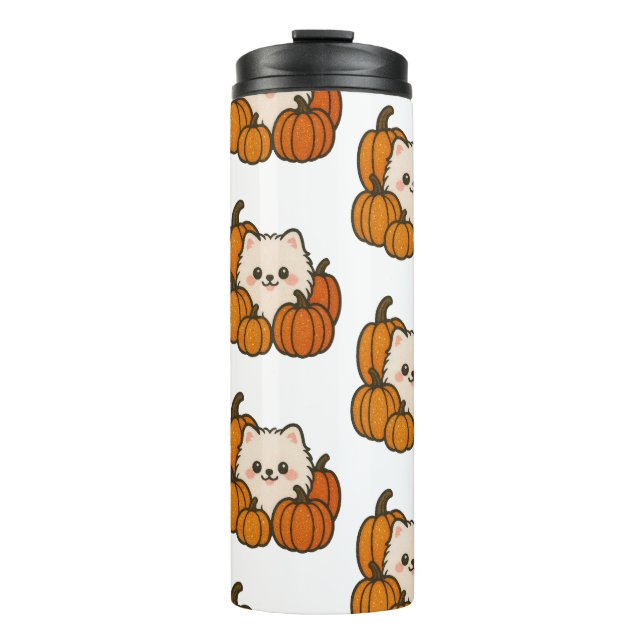 Herfst Drinkfles met Pomeranian en Pompoen Thermosbecher (Vorderseite)