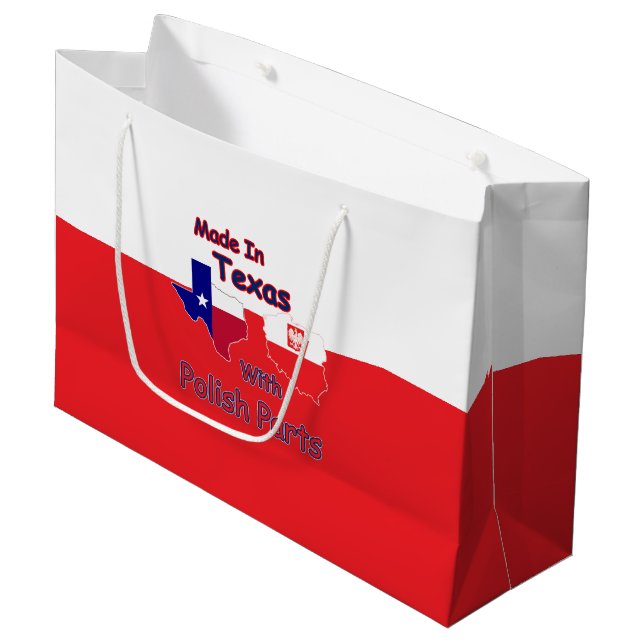 hergestellt in Texas mit polnischen Teilen Große Geschenktüte (Vorderseite Schrägansicht)