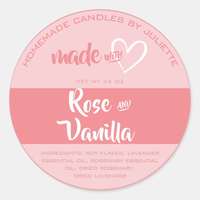 Hergestellt mit Liebe Herzkerzen Packung Rose Rosa Runder Aufkleber (Vorderseite)