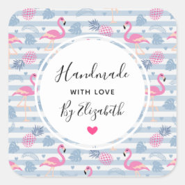 hergestellt mit Liebe Whimsical Flamingo & Ananas Quadratischer Aufkleber