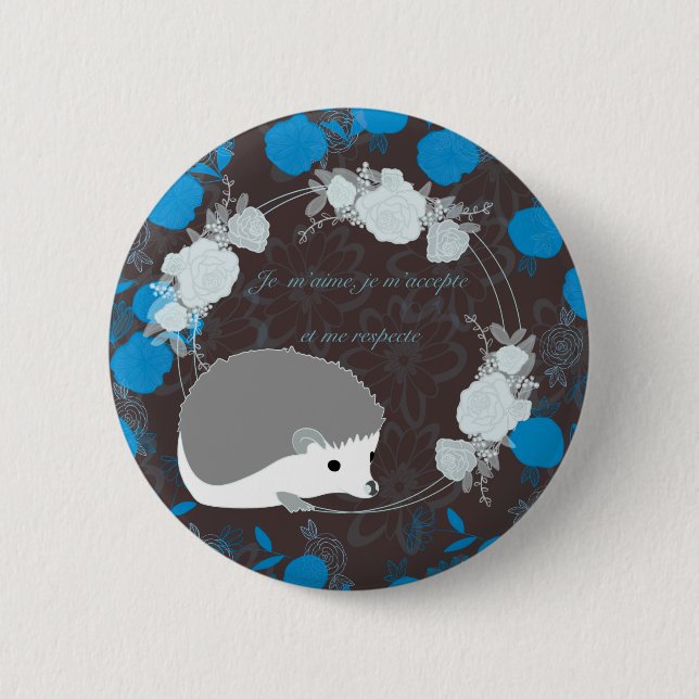 hérisson, fleur de vie, bleu, mandala, zen chakra button (Vorderseite)