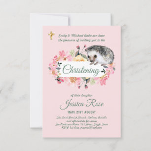 Hérisson rose floral Christening Invitations Baptê