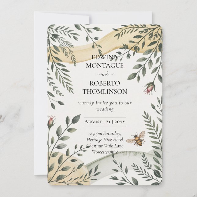 Heritage Bee and Olive Botanical Wedding Einladung (Vorderseite)