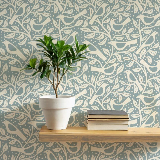 Heritage Birds and Branches Duck Egg Blue Tapete (Birds and branches heritage revival arts and crafts movement inspired duck egg blue green wallpaper)
