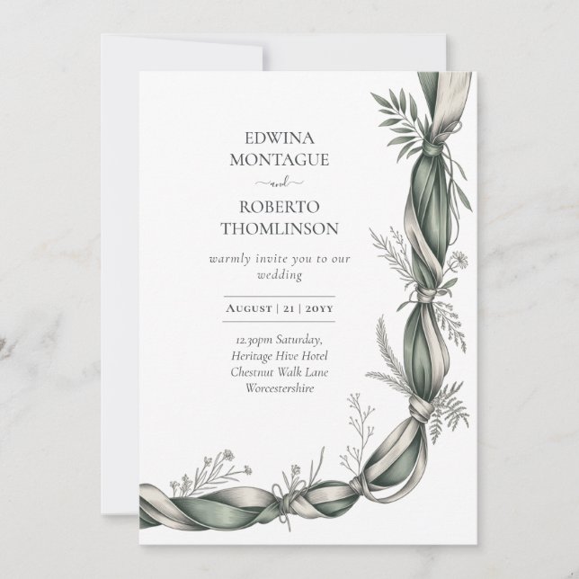 Heritage Botanical Ribbon Twist Elegant Green Wedd Einladung (Vorderseite)
