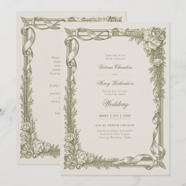 Heritage | Edwardian Ribbon Garland Wedding Einladung (Vorne/Hinten)