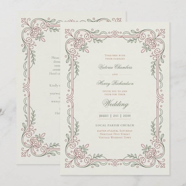 Heritage | Edwardian Rose Filigree Wedding Einladung (Vorne/Hinten)