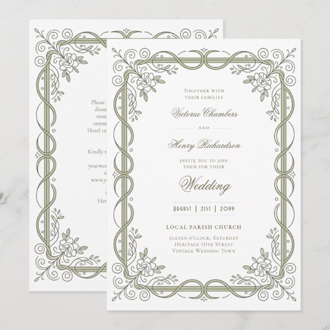 Heritage | Edwardian Sage Ribbon Scroll Einladung (Vorne/Hinten)