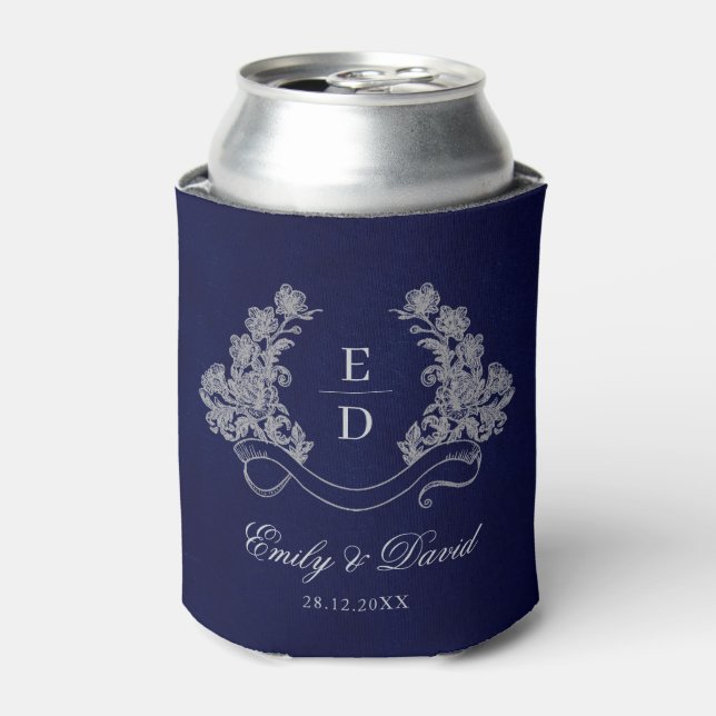 Heritage Floral Crest Navy Monogram Wedding Dosenkühler (Kanne Vorderseite)