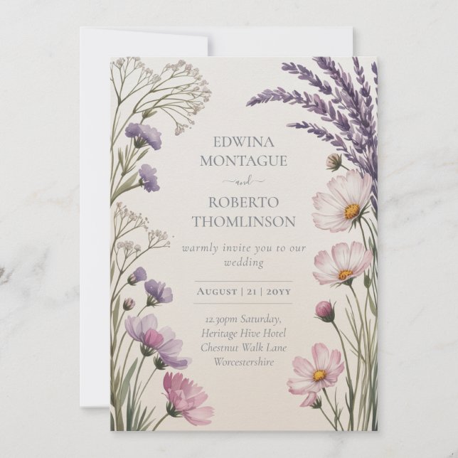 Heritage Lavender Meadow Wildflower Wedding Einladung (Vorderseite)