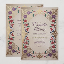 Heritage Medieval Floral Wedding Purple Red Gold Einladung