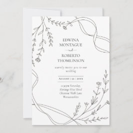 Heritage Minimal Line Art Ribbon & Wildflower Hoch Einladung