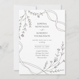 Heritage Minimal Line Art Ribbon & Wildflower Wed Einladung