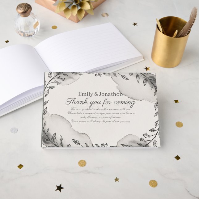 Heritage Modern Black and White Wedding Botanical Gästebuch (Vorderseite Offen)