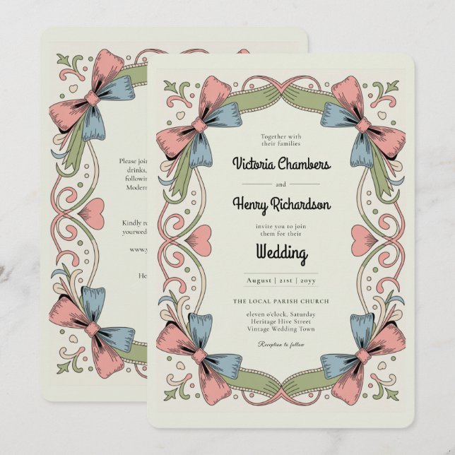 Heritage Retro 1950s Rockabilly Pastel Bow Wedding Einladung (Vorne/Hinten)